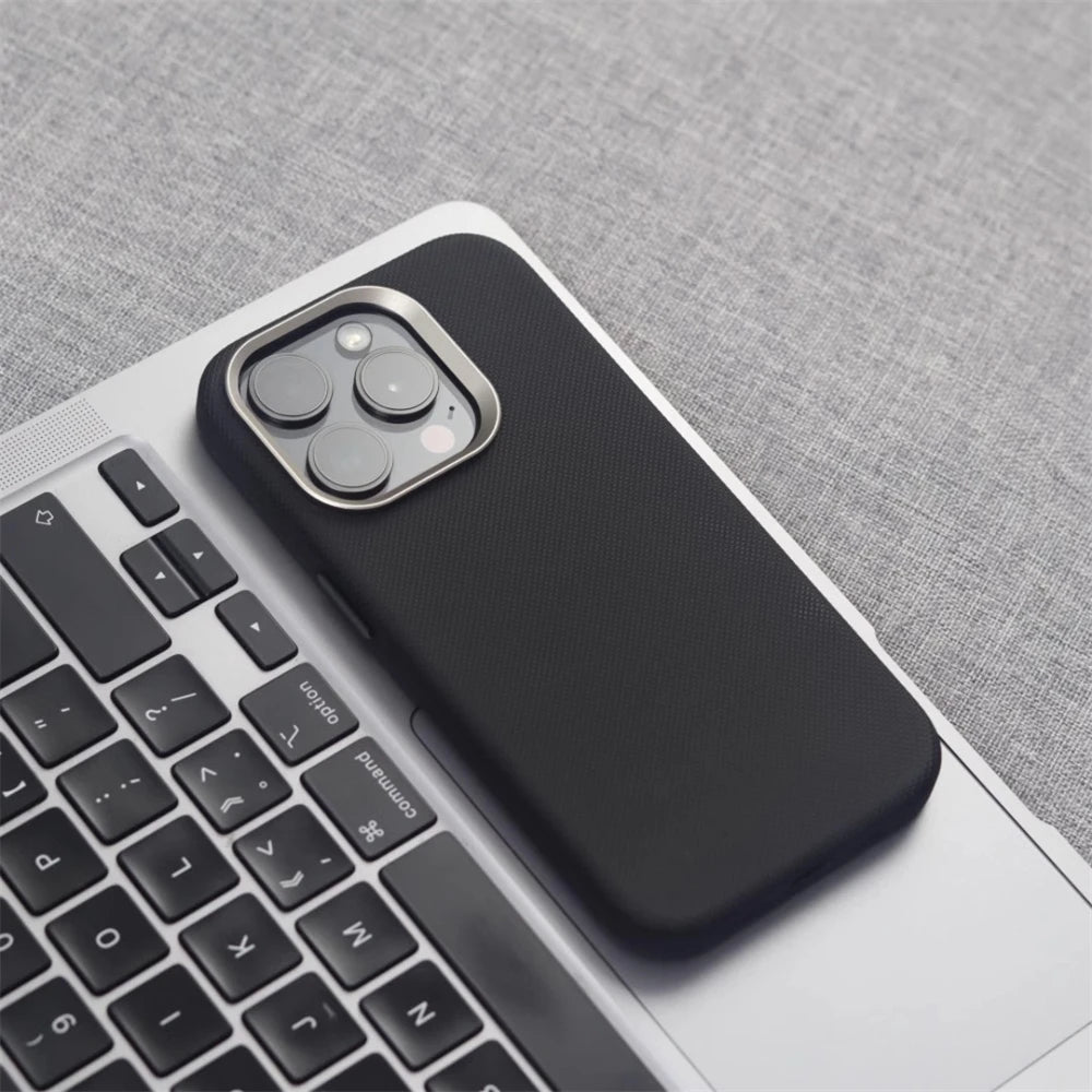 Luxury Alloy Lens Frame Particle PU Leather Magnetic Case For iPhone 17 16 Pro Max 15 14 13 For Magsafe Wireless Charging Cover