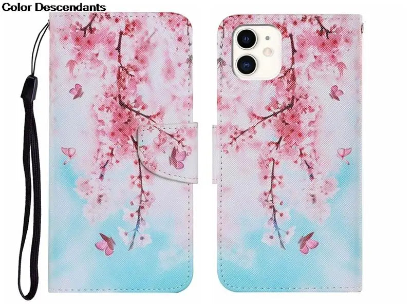 Painted Leather Case For iPhone 12 13 Pro Max mini SE 2020 15 Flip Wallet Card Slot Holder Phone Book Cover Flower Butterfly Cat