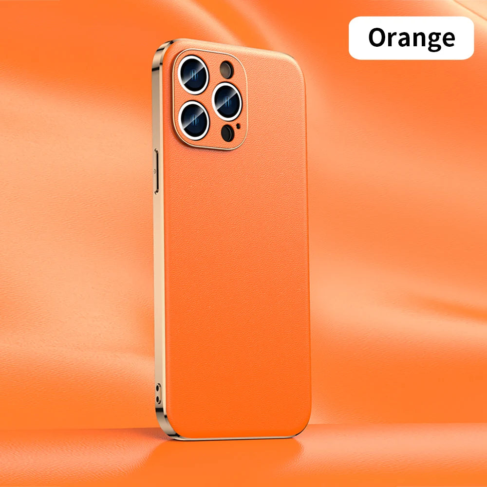 Genuine Cowhide Leather Phone Case for iPhone 16 14 11 12 13 15 Pro Max Plus 16Pro Luxury Plating Full Lens Protection Cover