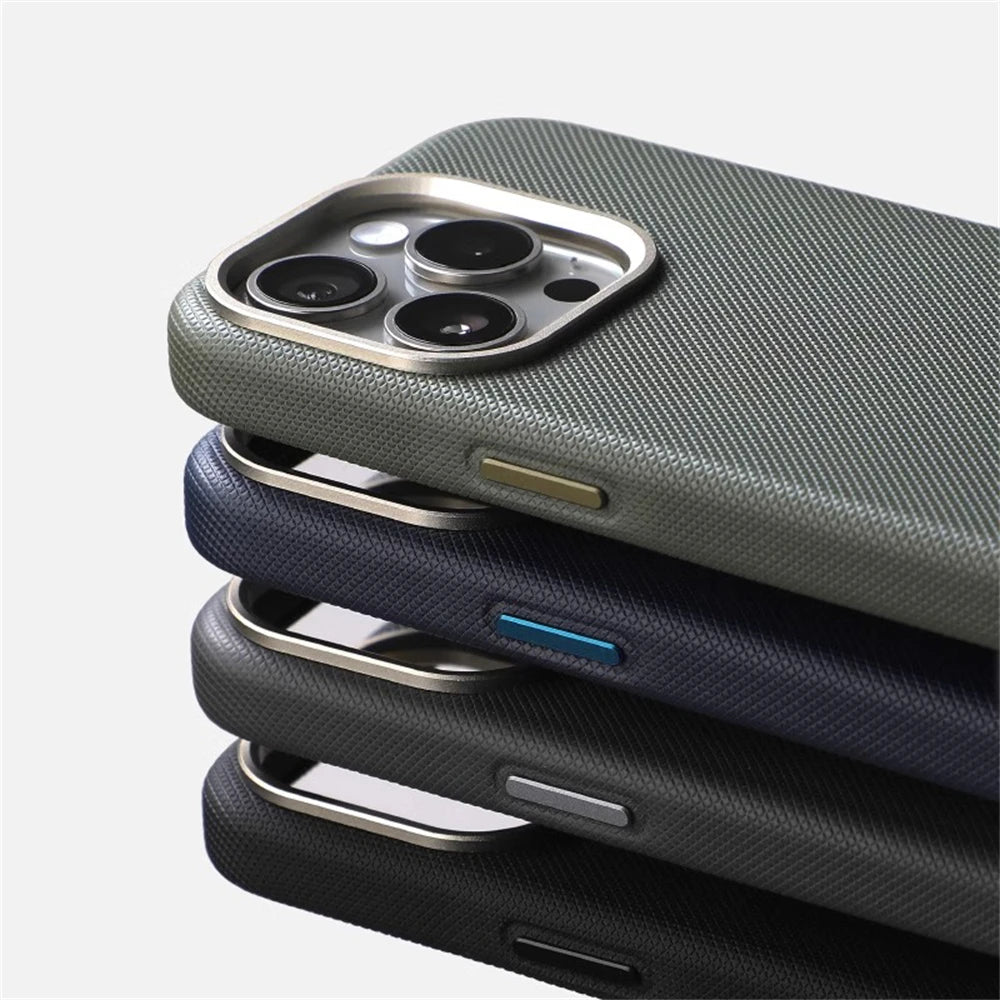 Luxury Alloy Lens Frame Particle PU Leather Magnetic Case For iPhone 17 16 Pro Max 15 14 13 For Magsafe Wireless Charging Cover