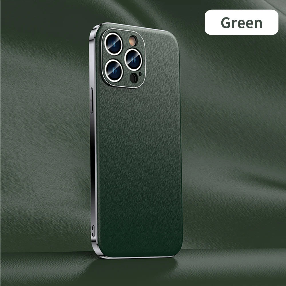 Genuine Cowhide Leather Phone Case for iPhone 16 14 11 12 13 15 Pro Max Plus 16Pro Luxury Plating Full Lens Protection Cover