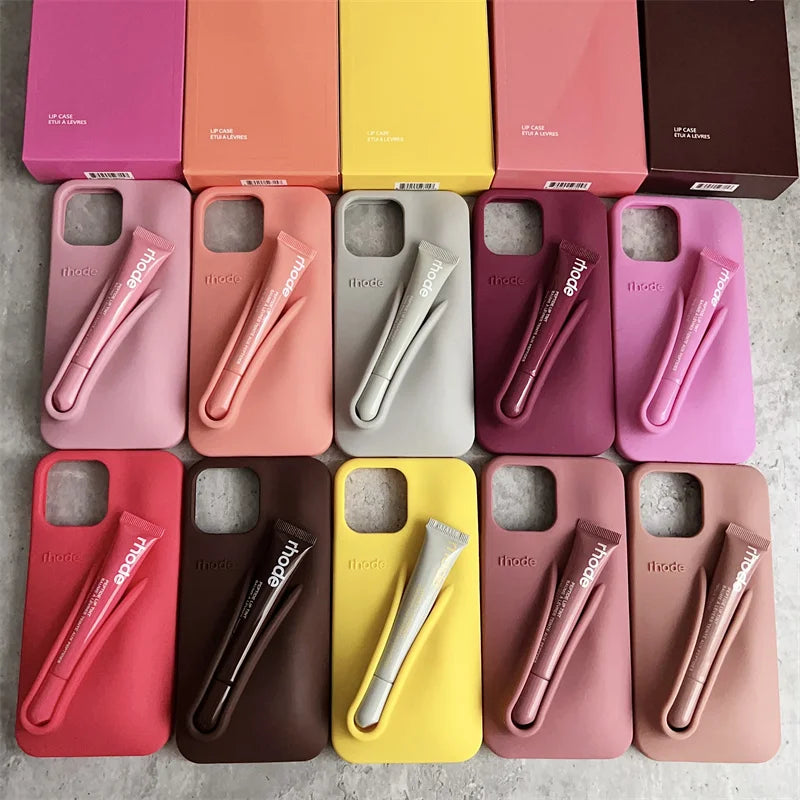 Lemontini Yellow Portable Lip Gloss Silicone Phone Case for IPhone 17 11 12 13 14 15 16 Pro Max Plus Lipstick Shockproof Cover﻿
