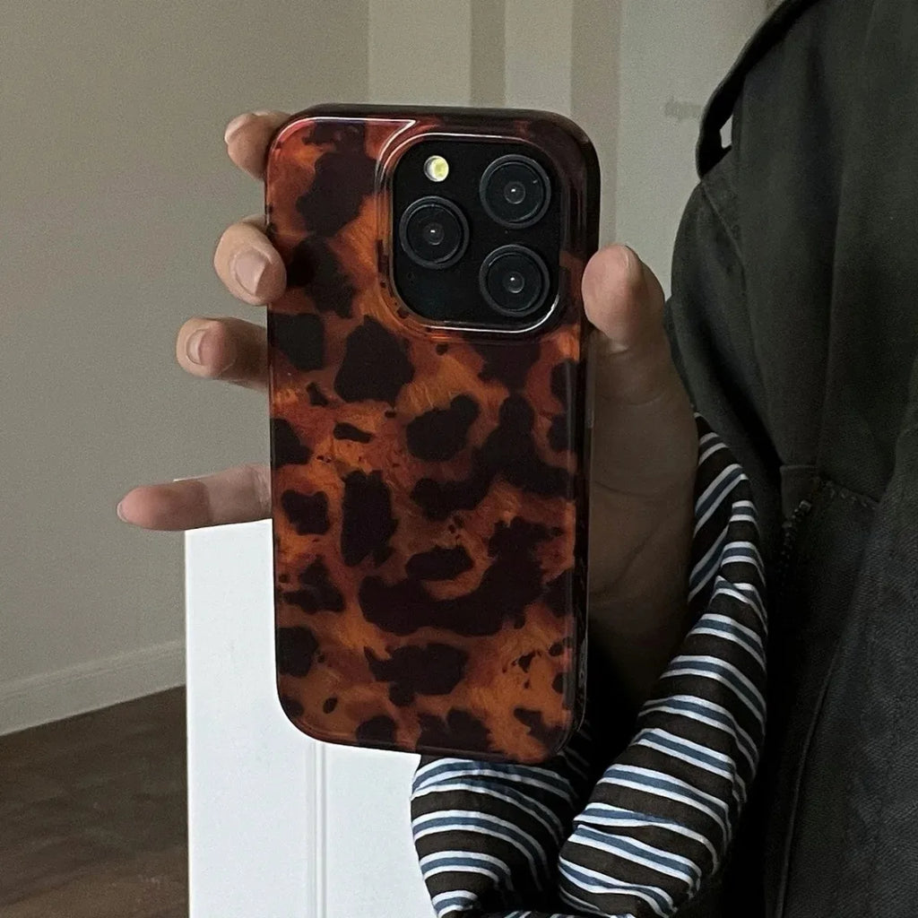 Retro Amber Texture Laser Phone Case For iPhone 17 16 Pro Max 15 14 13 12 11 XS XR 7 8 Plus 16E Stylish Leopard Print Soft Cover