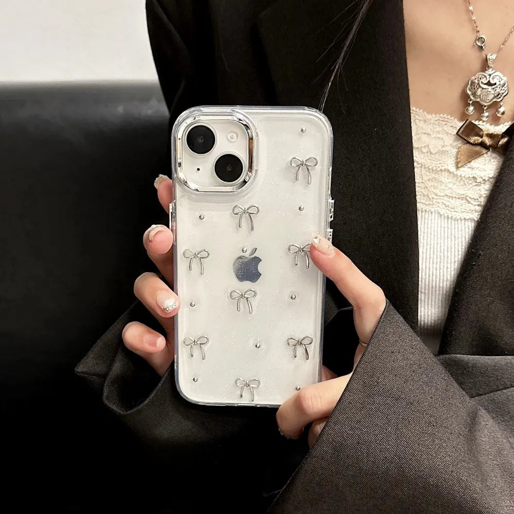 Cute 3D Metal Bowknot Star Phone Case For iPhone 15 Plus 11 12 13 14 Pro Max XR XS Max Epoxy Glitter Shell Girl Clear Soft Cover