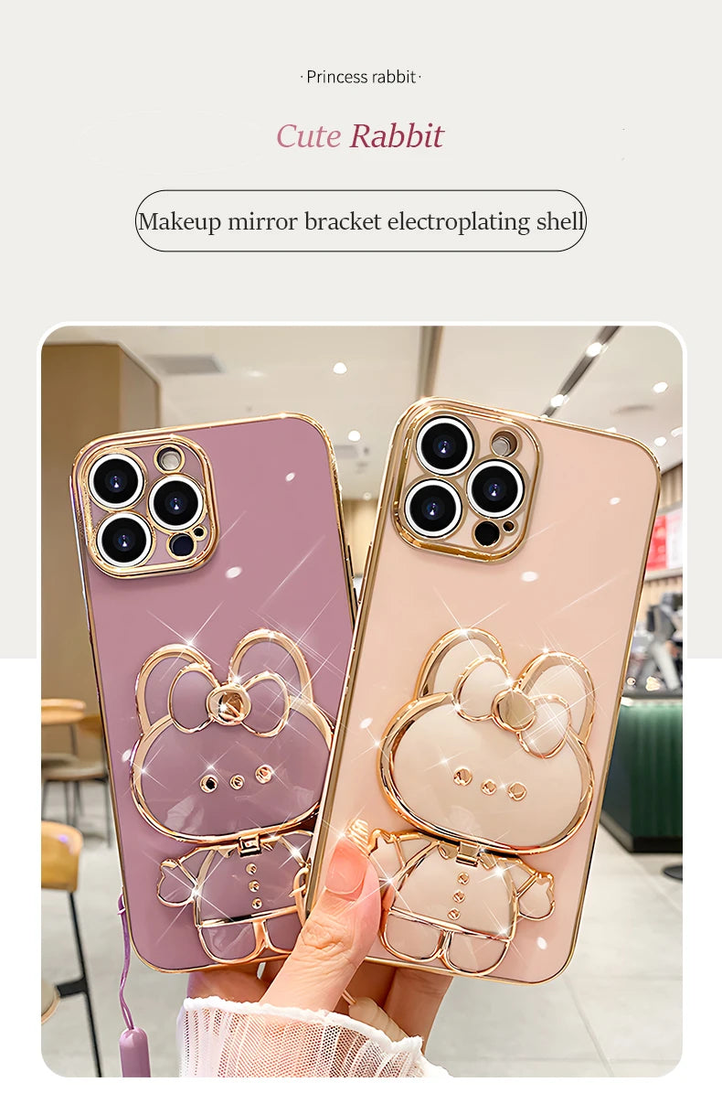 Mirror Rabbit Strap Plating Case For iPhone 14 11 12 13 Pro Max 13 12 Mini 11 12 13 14 7 6 6S Plus X Xr Xs Max SE 2020 Cover