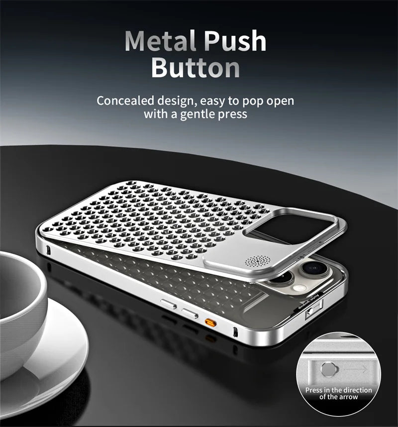 Metal aluminium Hollow Cooling Phone Case for iPhone 14 13 12 16 Pro Max 15 16 Plus Aromatherapy Diffuser Detachable Rear Cover