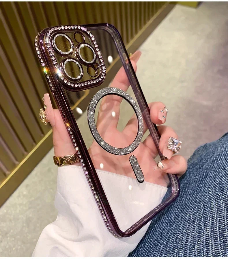 New Fashion Glitter Diamond Transparent Case For iPhone 16 15 14 13 17 12 Pro Max 16 Plus Magnetic Wireless Charge Bumper Cover