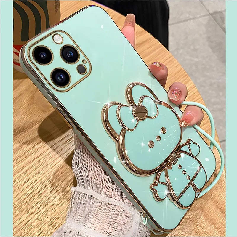 Mirror Rabbit Strap Plating Case For iPhone 14 11 12 13 Pro Max 13 12 Mini 11 12 13 14 7 6 6S Plus X Xr Xs Max SE 2020 Cover