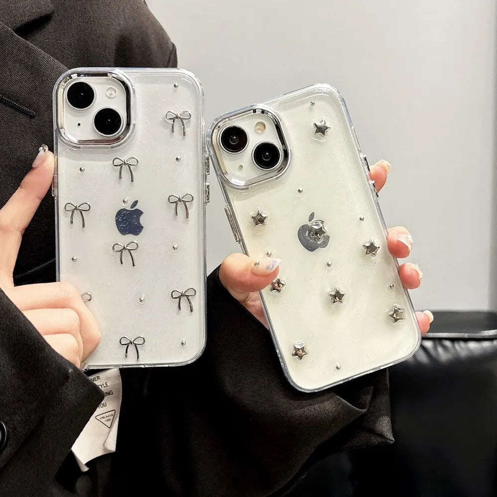 Cute 3D Metal Bowknot Star Phone Case For iPhone 15 Plus 11 12 13 14 Pro Max XR XS Max Epoxy Glitter Shell Girl Clear Soft Cover