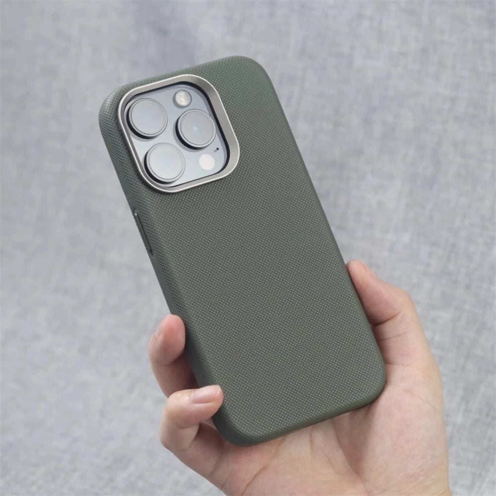 Luxury Alloy Lens Frame Particle PU Leather Magnetic Case For iPhone 17 16 Pro Max 15 14 13 For Magsafe Wireless Charging Cover