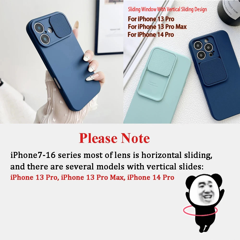 Slide Camera Lens Protection Case For iPhone 16 15 14 Plus 13 12 11 Pro X XS XR Max 8 7 Shockproof Bumper Soft Silicone Cover