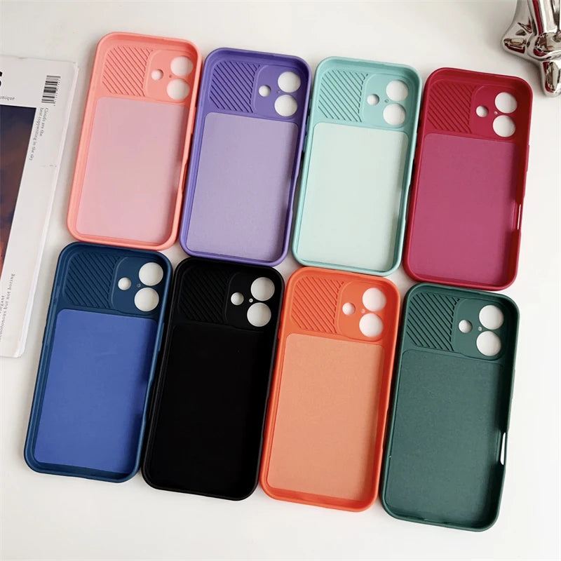 Slide Camera Lens Protection Case For iPhone 16 15 14 Plus 13 12 11 Pro X XS XR Max 8 7 Shockproof Bumper Soft Silicone Cover