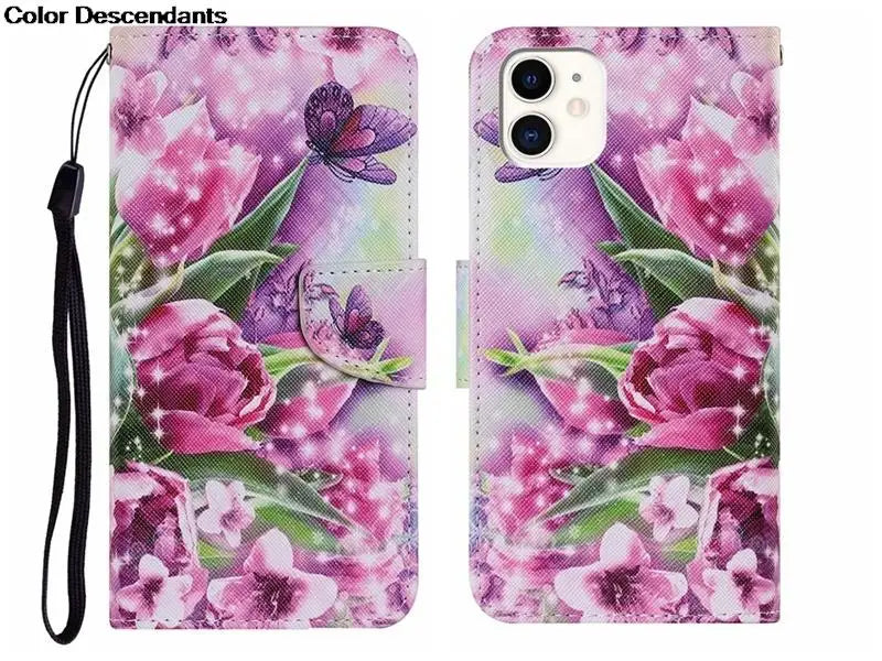 Painted Leather Case For iPhone 12 13 Pro Max mini SE 2020 15 Flip Wallet Card Slot Holder Phone Book Cover Flower Butterfly Cat