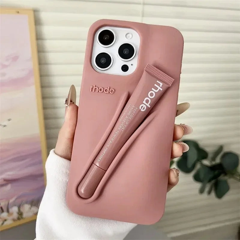 Lemontini Yellow Portable Lip Gloss Silicone Phone Case for IPhone 17 11 12 13 14 15 16 Pro Max Plus Lipstick Shockproof Cover﻿