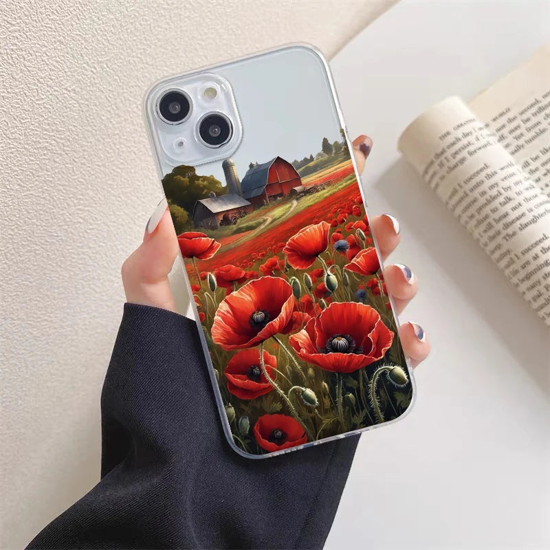 Poppy Flower Bloom Hot Red Clear Case For  iPhone 15 11 14 Pro Max 12 13 Pro Max Mini XS X XR SE 2020 7 8 Plus Transparent Cover