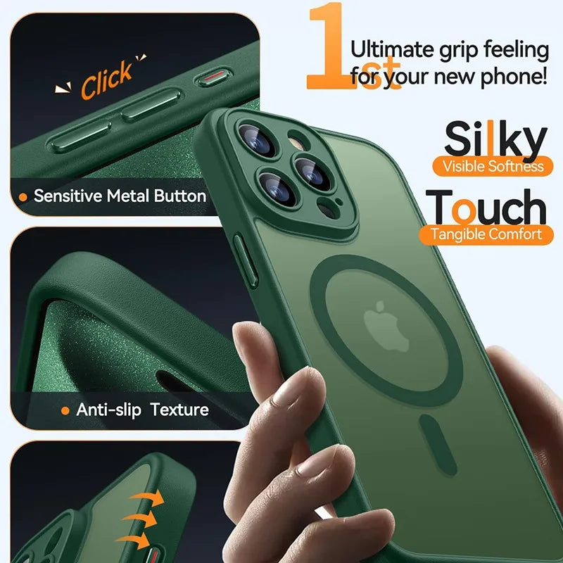 Luxury Frosted Phone Case For iPhone 16 15 14 13 12 11 Pro Max Plus 17 Air For Magsafe Matte Transparent Magnetic Cover