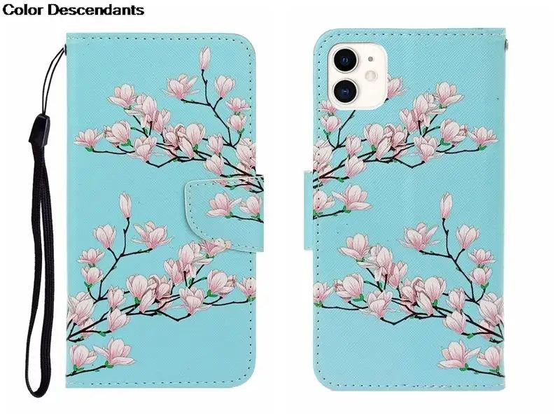 Painted Leather Case For iPhone 12 13 Pro Max mini SE 2020 15 Flip Wallet Card Slot Holder Phone Book Cover Flower Butterfly Cat
