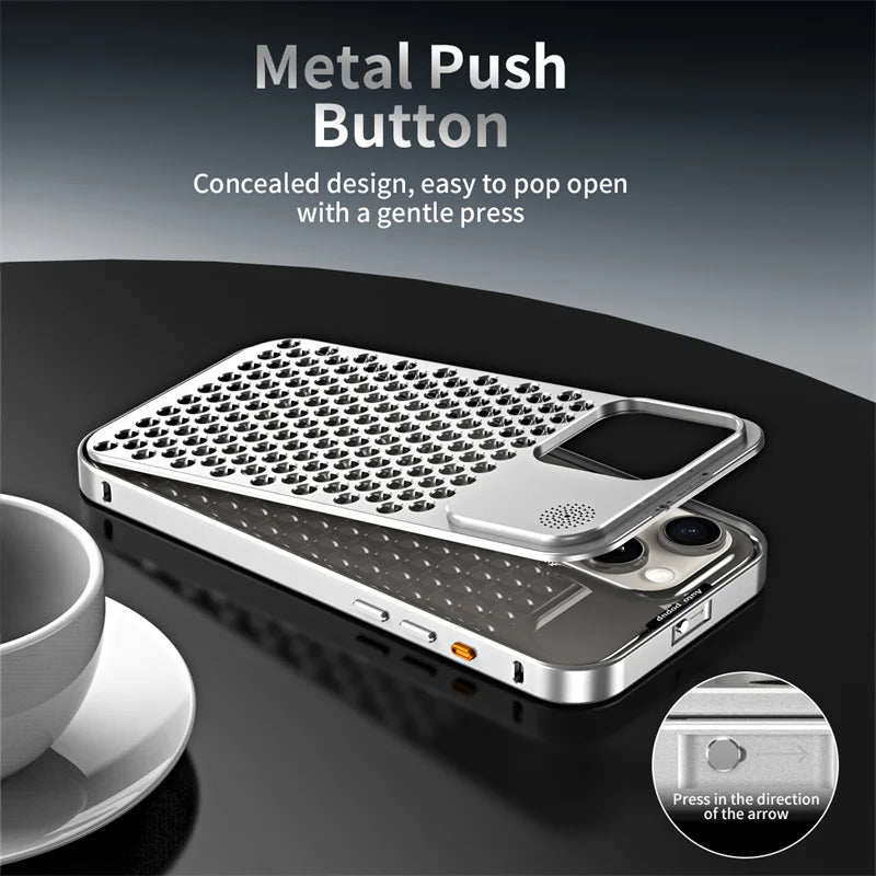 Metal aluminium Hollow Cooling Phone Case for iPhone 14 13 12 16 Pro Max 15 16 Plus Aromatherapy Diffuser Detachable Rear Cover