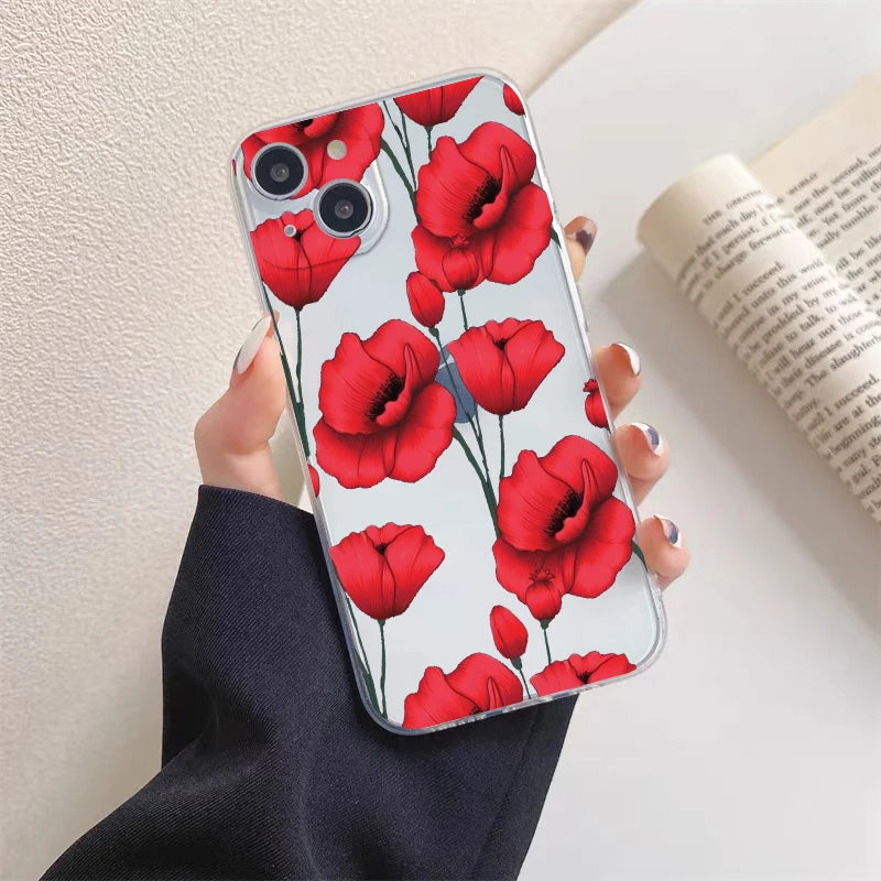 Poppy Flower Bloom Hot Red Clear Case For  iPhone 15 11 14 Pro Max 12 13 Pro Max Mini XS X XR SE 2020 7 8 Plus Transparent Cover