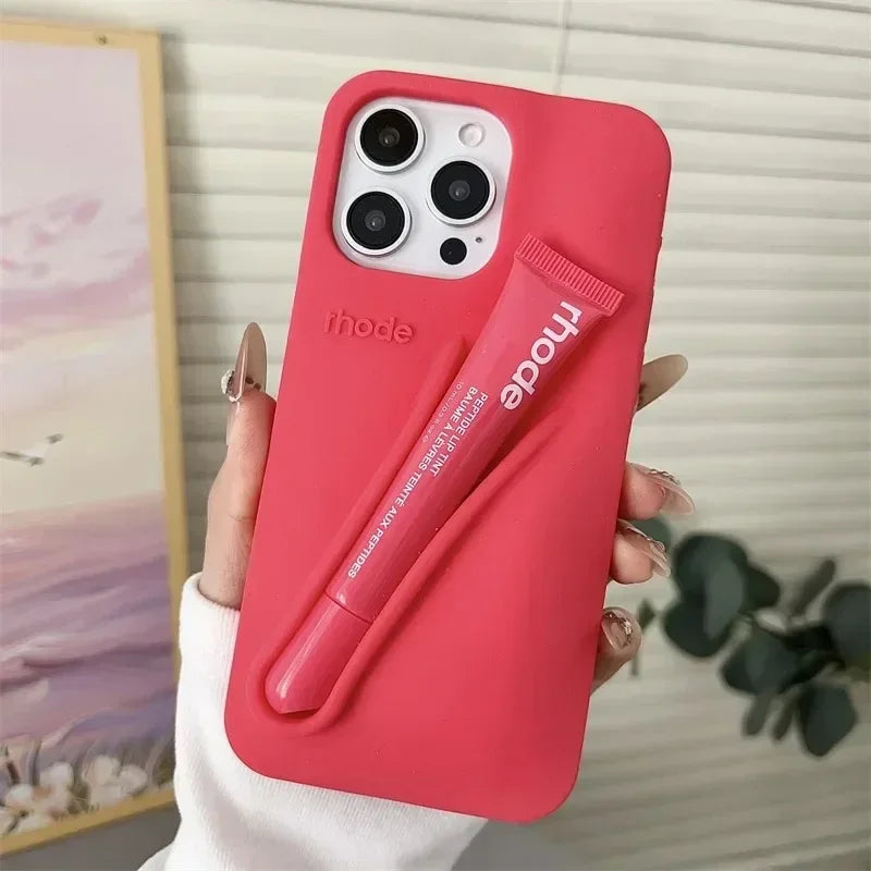 Lemontini Yellow Portable Lip Gloss Silicone Phone Case for IPhone 17 11 12 13 14 15 16 Pro Max Plus Lipstick Shockproof Cover﻿