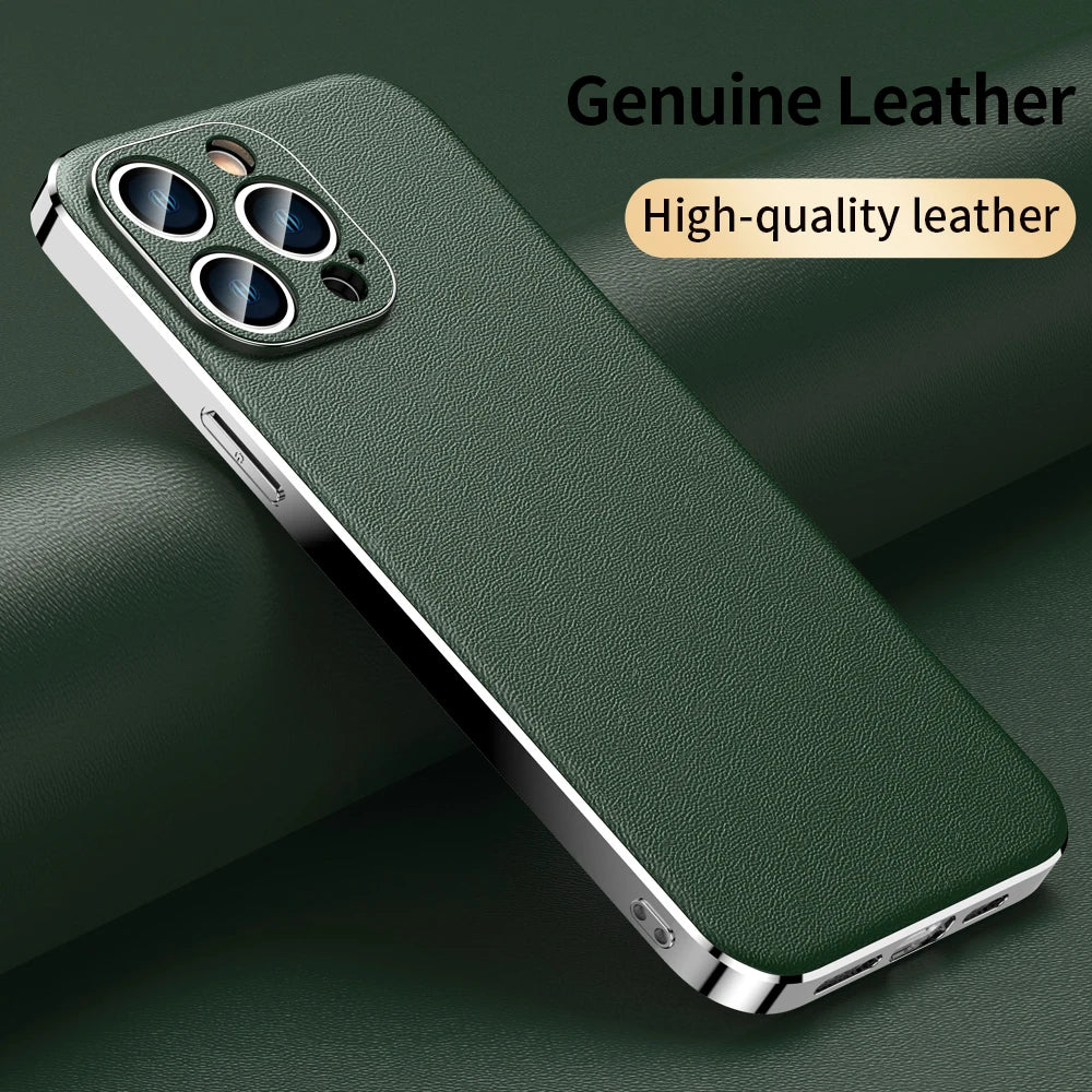 Genuine Cowhide Leather Phone Case for iPhone 16 14 11 12 13 15 Pro Max Plus 16Pro Luxury Plating Full Lens Protection Cover