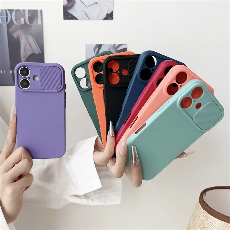 Slide Camera Lens Protection Case For iPhone 16 15 14 Plus 13 12 11 Pro X XS XR Max 8 7 Shockproof Bumper Soft Silicone Cover