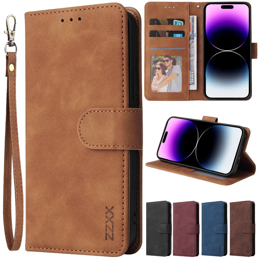 ZZXX Leather Wallet Phone Case For iPhone 16e 16 Pro Max 15 14 13 Mini 12 11 X XS XR SE2 8 7 6s Plus Flip Card Slot Holder Cover