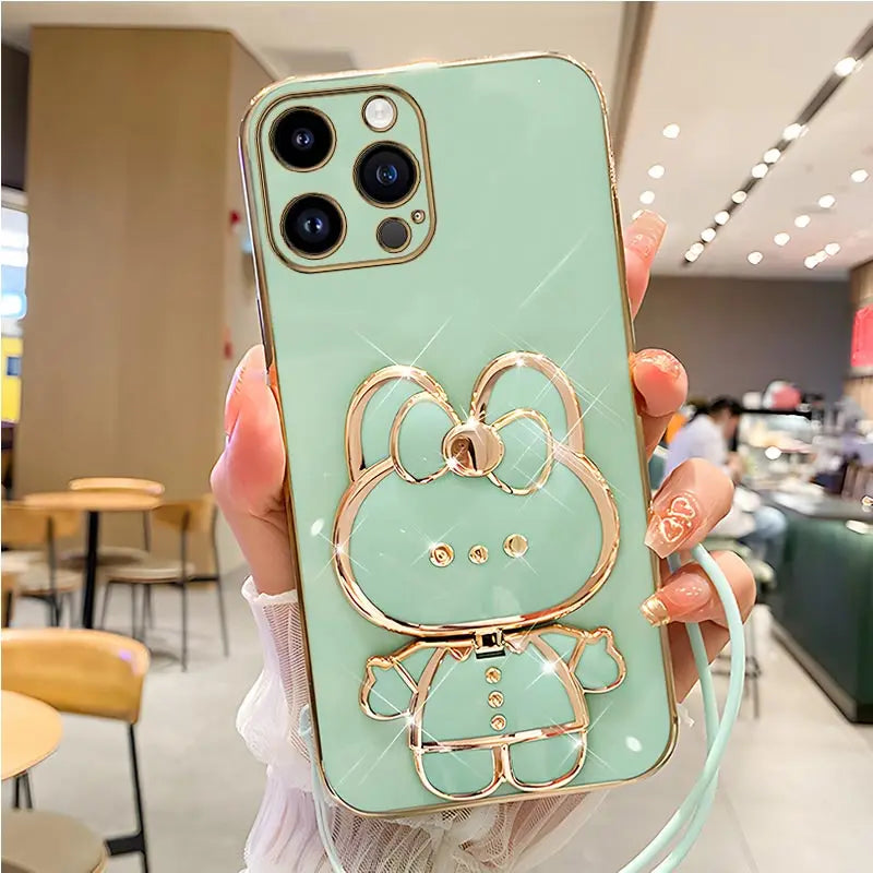 Mirror Rabbit Strap Plating Case For iPhone 14 11 12 13 Pro Max 13 12 Mini 11 12 13 14 7 6 6S Plus X Xr Xs Max SE 2020 Cover