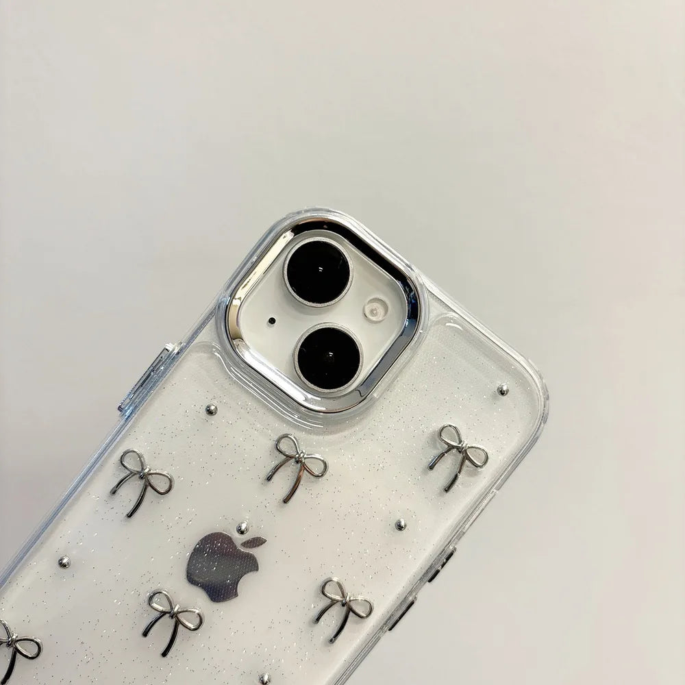 Cute 3D Metal Bowknot Star Phone Case For iPhone 15 Plus 11 12 13 14 Pro Max XR XS Max Epoxy Glitter Shell Girl Clear Soft Cover