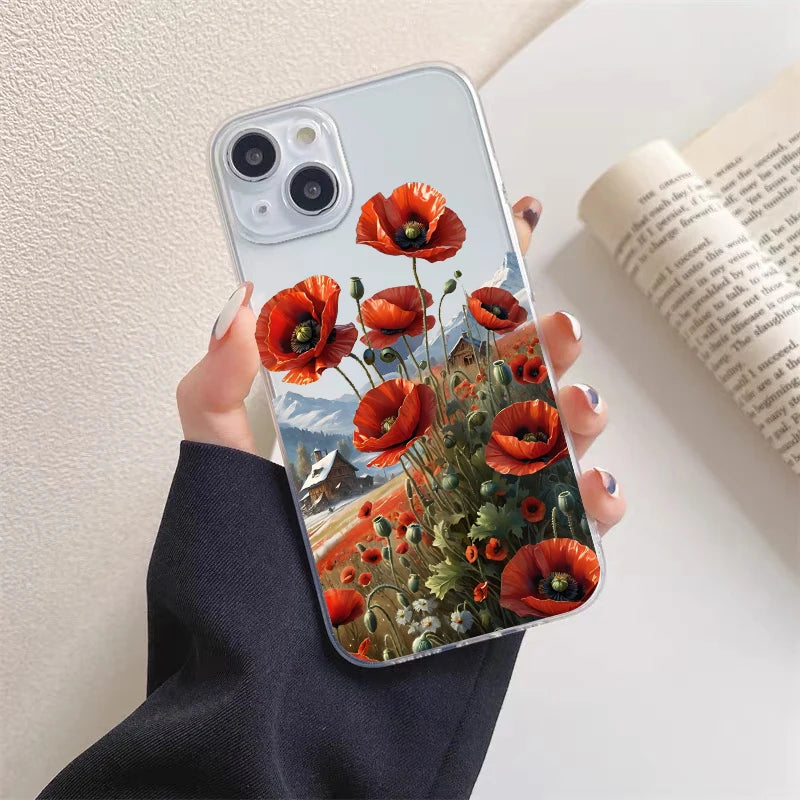 Poppy Flower Bloom Hot Red Clear Case For  iPhone 15 11 14 Pro Max 12 13 Pro Max Mini XS X XR SE 2020 7 8 Plus Transparent Cover
