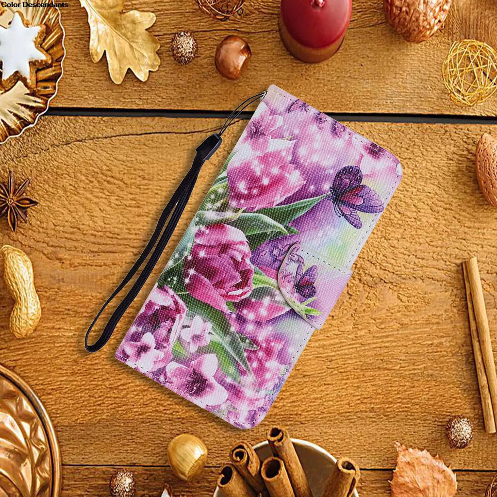 Painted Leather Case For iPhone 12 13 Pro Max mini SE 2020 15 Flip Wallet Card Slot Holder Phone Book Cover Flower Butterfly Cat