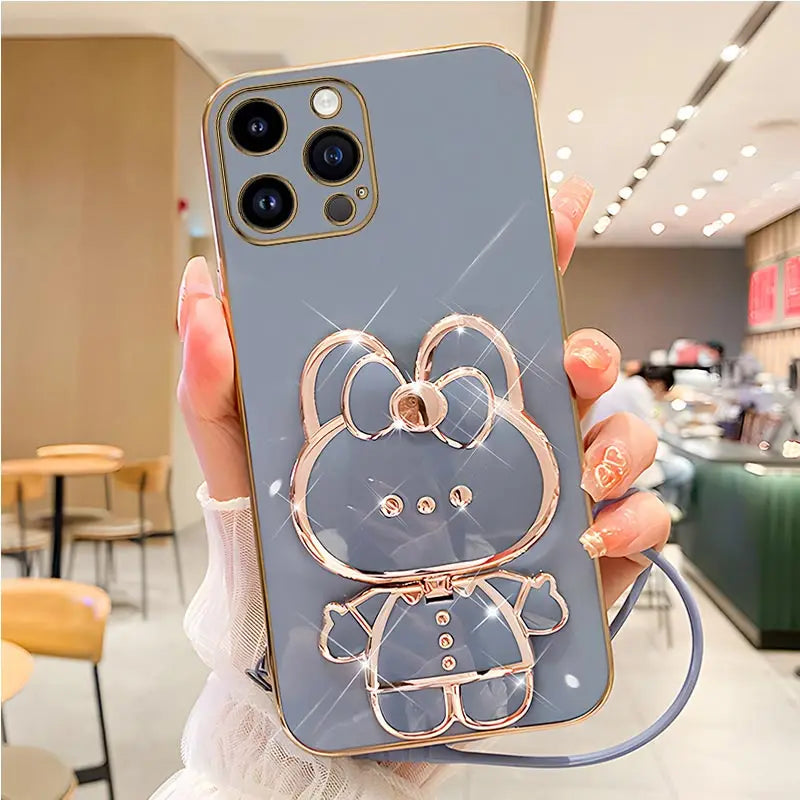 Mirror Rabbit Strap Plating Case For iPhone 14 11 12 13 Pro Max 13 12 Mini 11 12 13 14 7 6 6S Plus X Xr Xs Max SE 2020 Cover