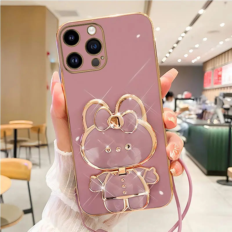 Mirror Rabbit Strap Plating Case For iPhone 14 11 12 13 Pro Max 13 12 Mini 11 12 13 14 7 6 6S Plus X Xr Xs Max SE 2020 Cover