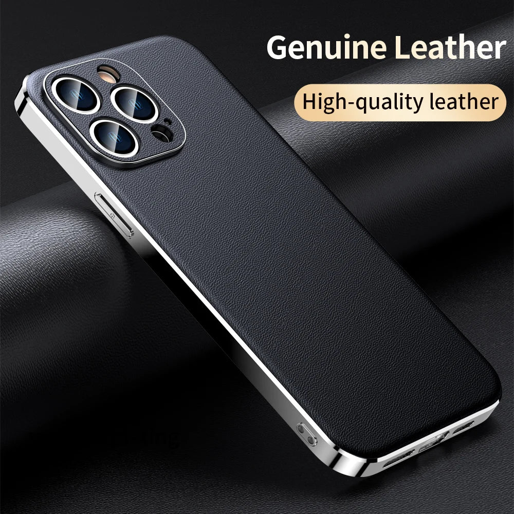 Genuine Cowhide Leather Phone Case for iPhone 16 14 11 12 13 15 Pro Max Plus 16Pro Luxury Plating Full Lens Protection Cover