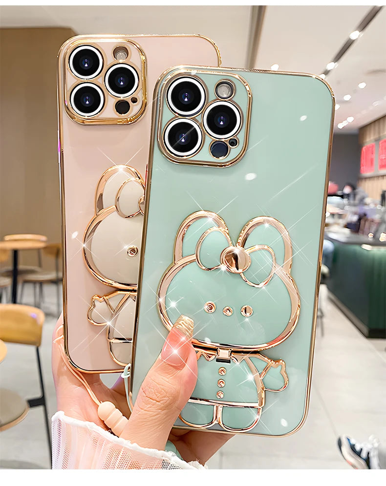 Mirror Rabbit Strap Plating Case For iPhone 14 11 12 13 Pro Max 13 12 Mini 11 12 13 14 7 6 6S Plus X Xr Xs Max SE 2020 Cover