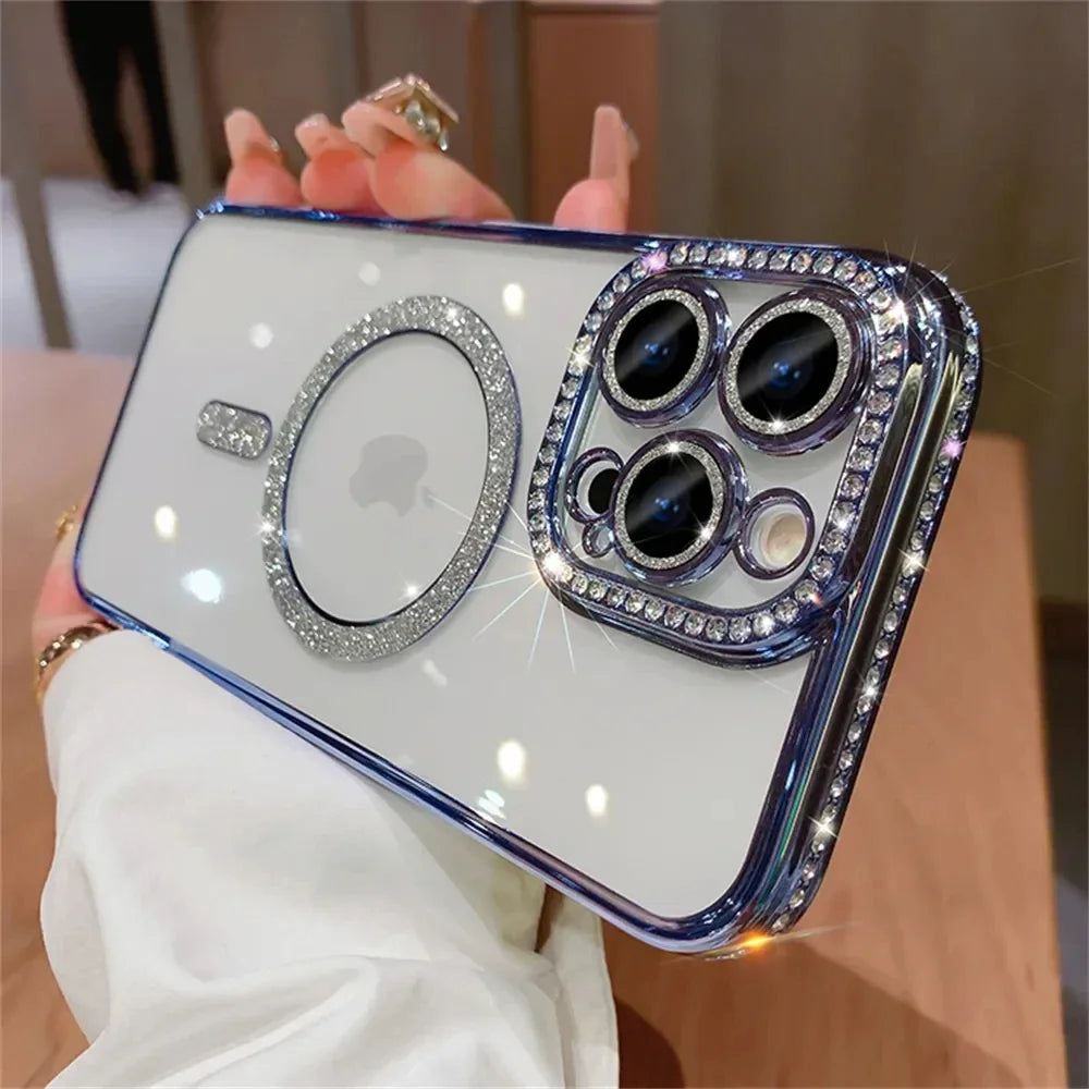 New Fashion Glitter Diamond Transparent Case For iPhone 16 15 14 13 17 12 Pro Max 16 Plus Magnetic Wireless Charge Bumper Cover