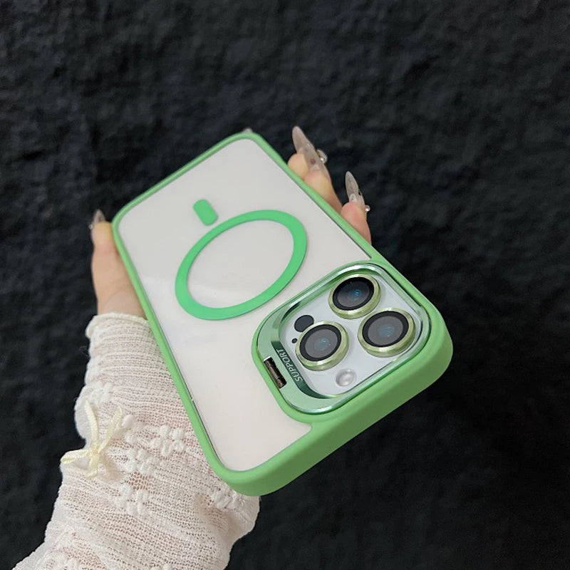 Luxury Magnetic Shockproof Phone Case For iPhone 15 14 13 12 11 16 17 Pro Max Plus 16E Funda Stand Glass Lens Protection Cover