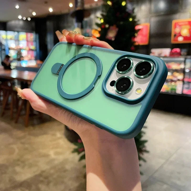 Matte Ring Holder Glass Lens Phone Case For iPhone 16 17 15 14 13 12 11 Pro Max For Magsafe Wireless Magnetic Hard Bumper Cover