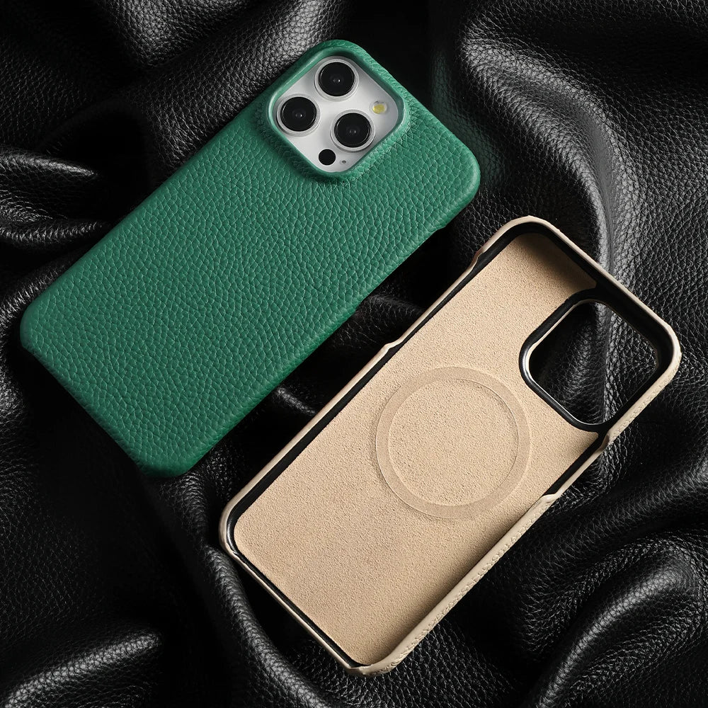for Magsafe Case for iPhone 17 15 16 Pro Max Air 17Pro Natural Cowhide Lychee Leather Magnetic Protector Luxury Phone Back Cover
