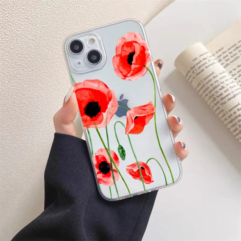 Poppy Flower Bloom Hot Red Clear Case For  iPhone 15 11 14 Pro Max 12 13 Pro Max Mini XS X XR SE 2020 7 8 Plus Transparent Cover
