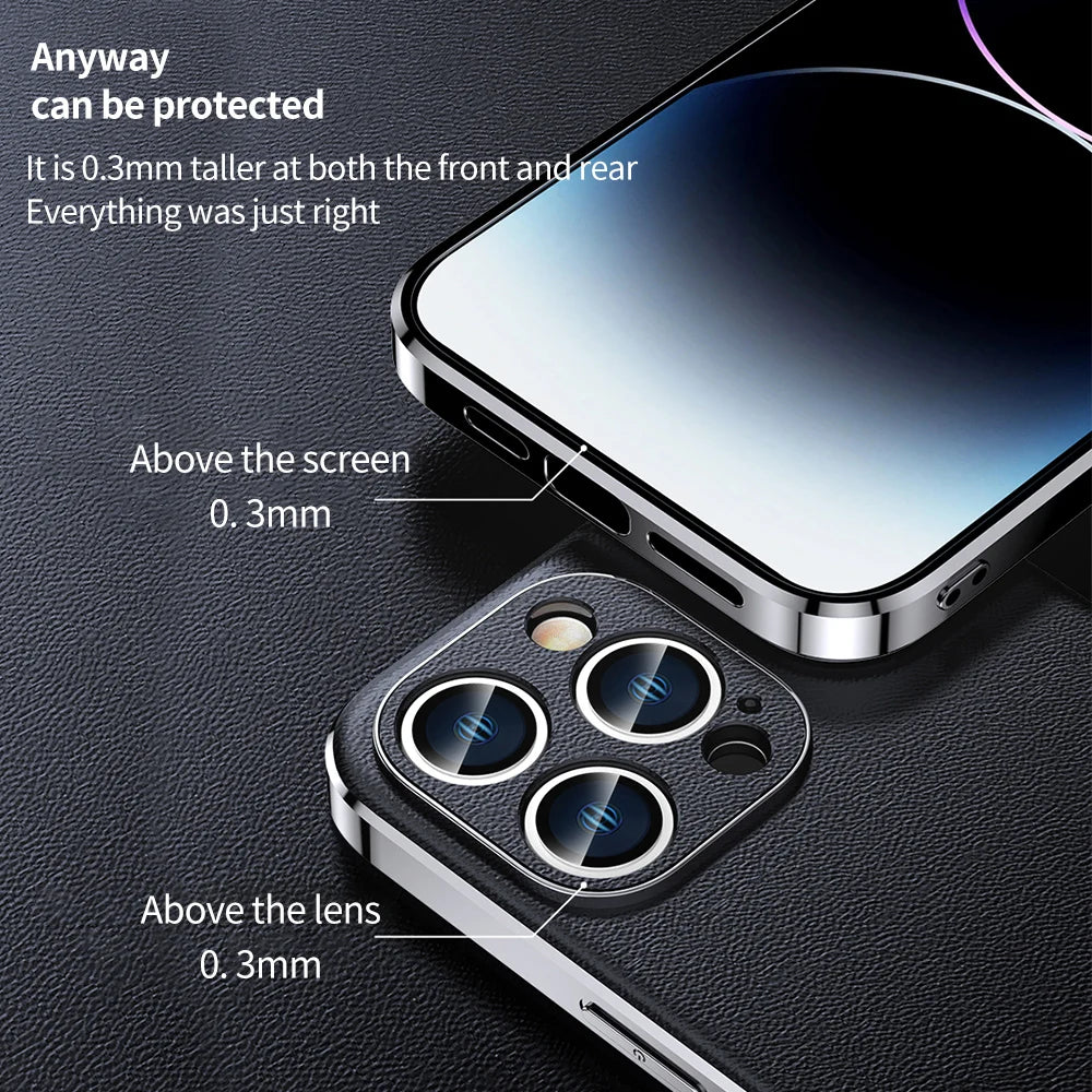 Genuine Cowhide Leather Phone Case for iPhone 16 14 11 12 13 15 Pro Max Plus 16Pro Luxury Plating Full Lens Protection Cover