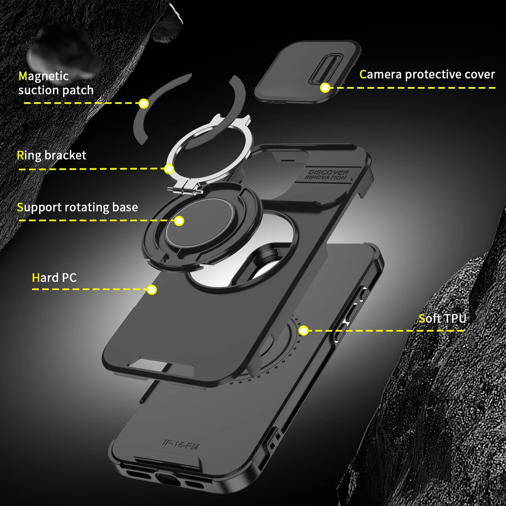 Luxury Magsafe Magnetic Wireless Charging Armor Case For iPhone 16 15 14 13 12 11 Pro Max Plus Slide Camera Protection PC Cover
