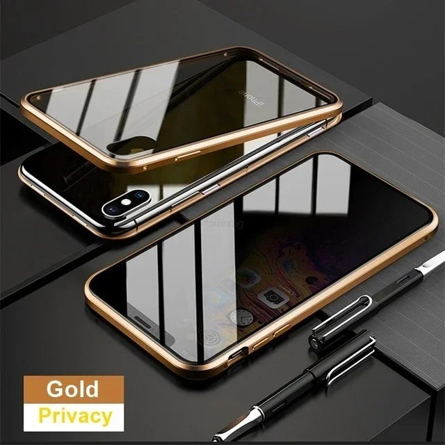 Magnetic tempered glass privacy metal case for iPhone 16 15 14 13 12 XR 11 pro Max 7 8 plus 360 magnet antispy protective cover
