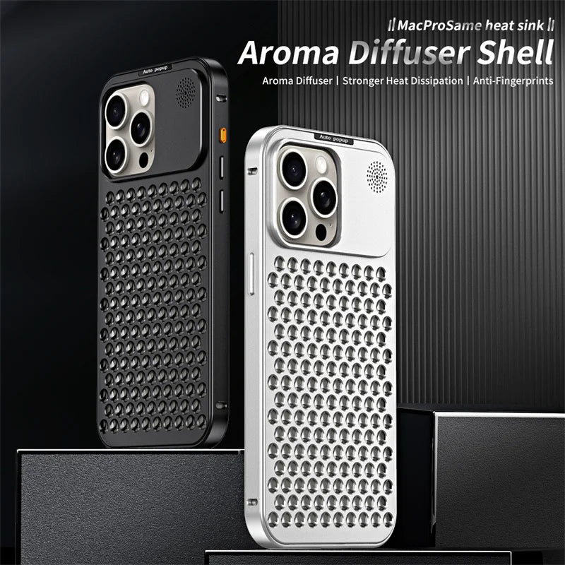 Metal aluminium Hollow Cooling Phone Case for iPhone 14 13 12 16 Pro Max 15 16 Plus Aromatherapy Diffuser Detachable Rear Cover