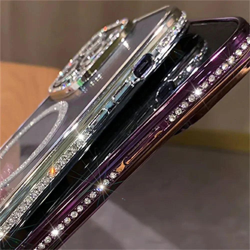 New Fashion Glitter Diamond Transparent Case For iPhone 16 15 14 13 17 12 Pro Max 16 Plus Magnetic Wireless Charge Bumper Cover