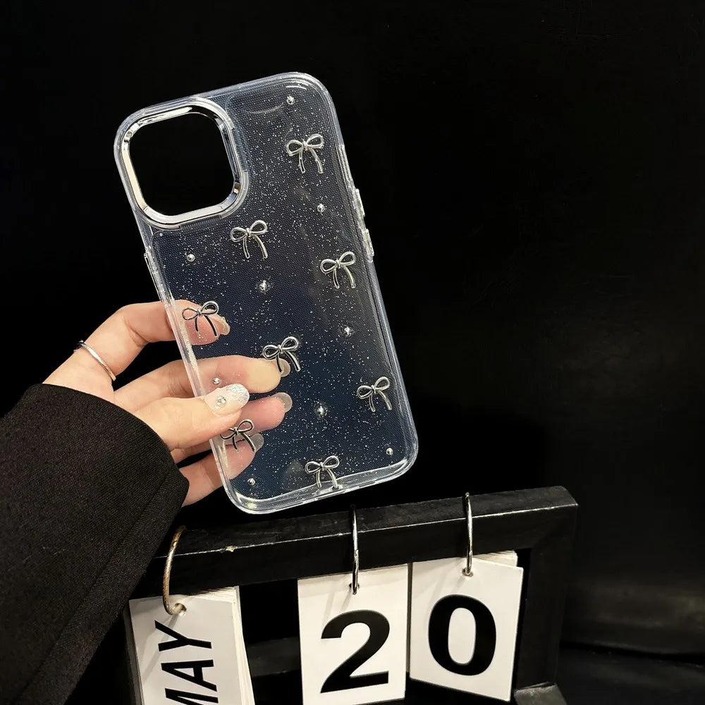 Cute 3D Metal Bowknot Star Phone Case For iPhone 15 Plus 11 12 13 14 Pro Max XR XS Max Epoxy Glitter Shell Girl Clear Soft Cover