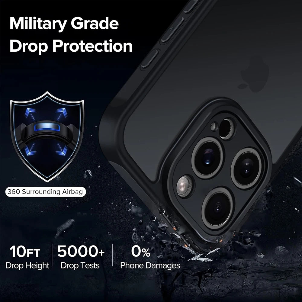 Military Grade Heavy Shockproof Case For iPhone 16 15 14 13 12 11 Pro Max Plus Transparent Black Matte Hybrid Hard PC Cover Soft