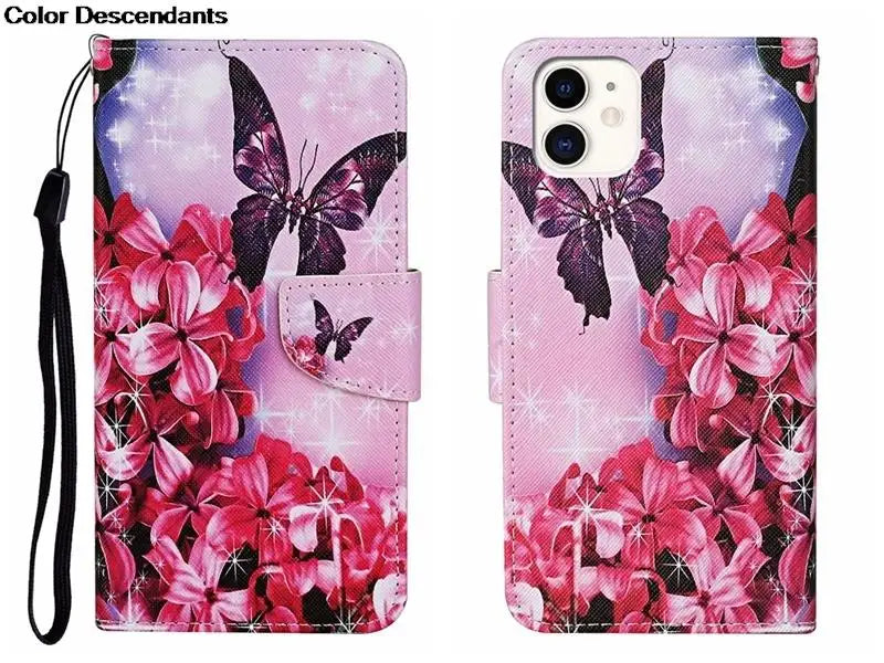 Painted Leather Case For iPhone 12 13 Pro Max mini SE 2020 15 Flip Wallet Card Slot Holder Phone Book Cover Flower Butterfly Cat
