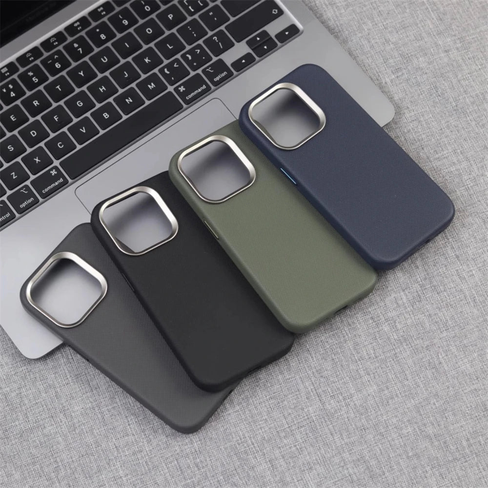 Luxury Alloy Lens Frame Particle PU Leather Magnetic Case For iPhone 17 16 Pro Max 15 14 13 For Magsafe Wireless Charging Cover