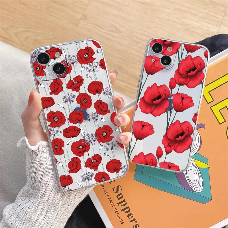 Poppy Flower Bloom Hot Red Clear Case For  iPhone 15 11 14 Pro Max 12 13 Pro Max Mini XS X XR SE 2020 7 8 Plus Transparent Cover